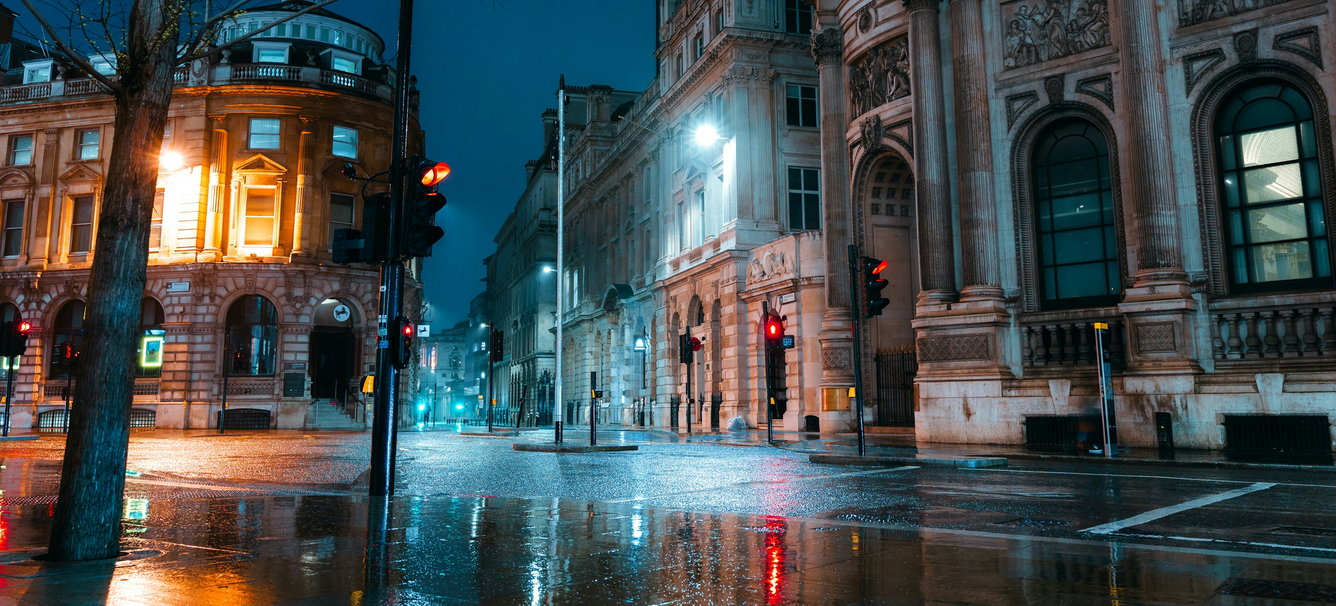 Rain on a London street at night